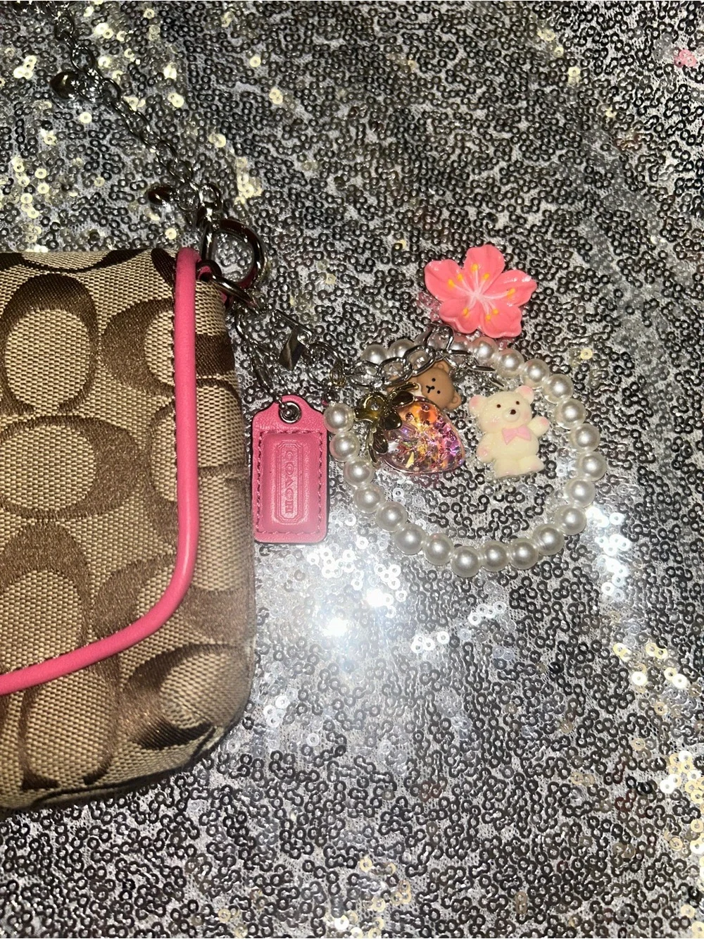 Coach Brown Signature Canvas Wristlet with Pink Trim